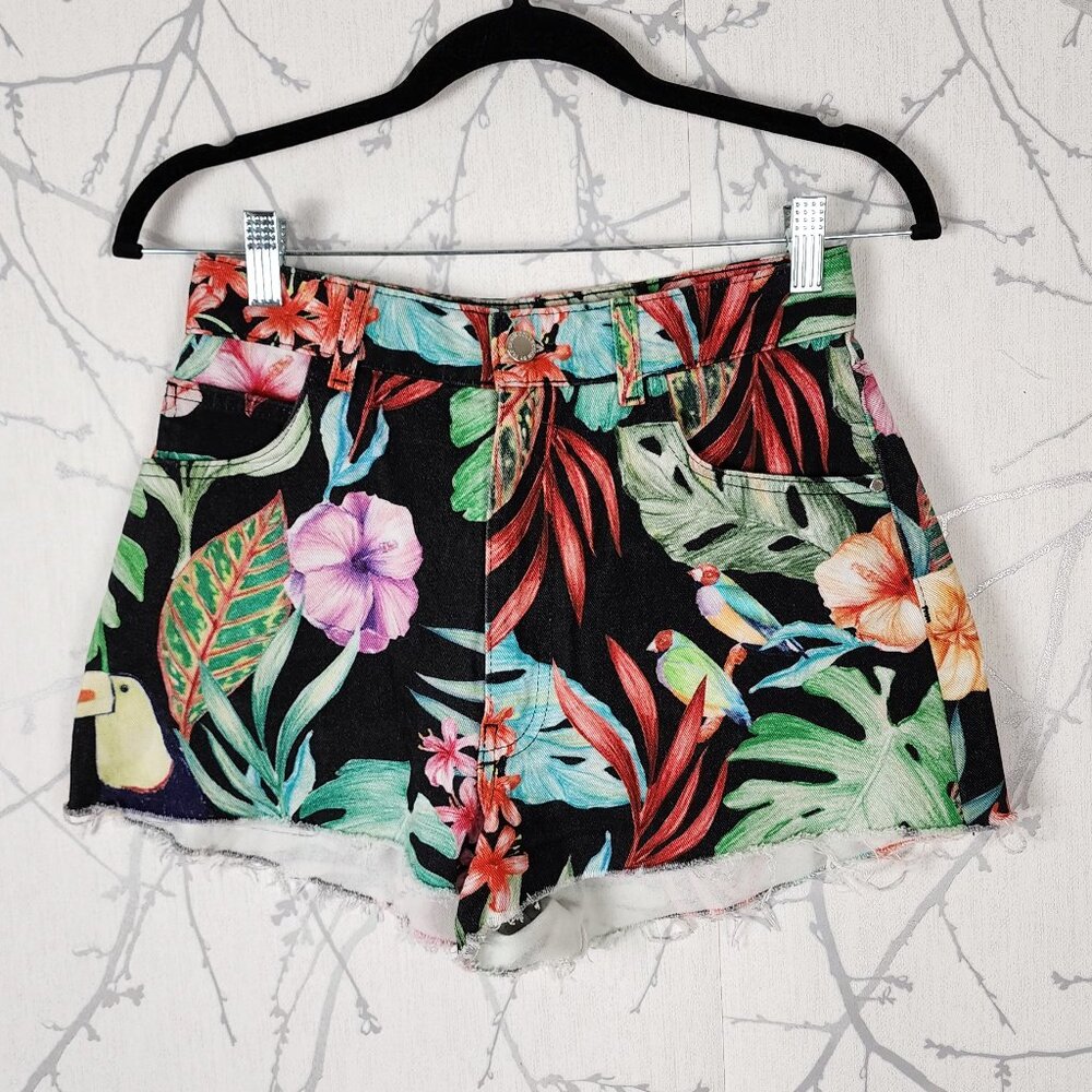 Zara Black Colorful Tropical Floral High Rise Denim Shorts